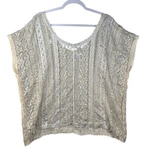 Coin 1804 Womens Metallic Silver Crochet Lace Top Cream Cotton Boho NWT Medium